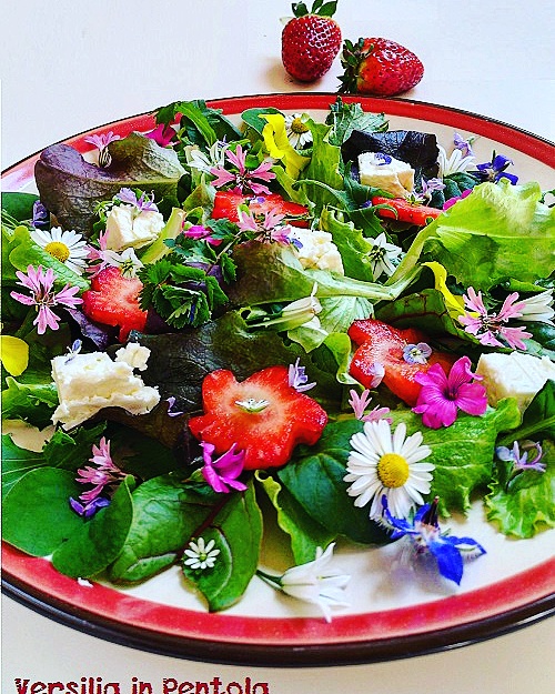 insalatona mista con fiori e frutti di primavera